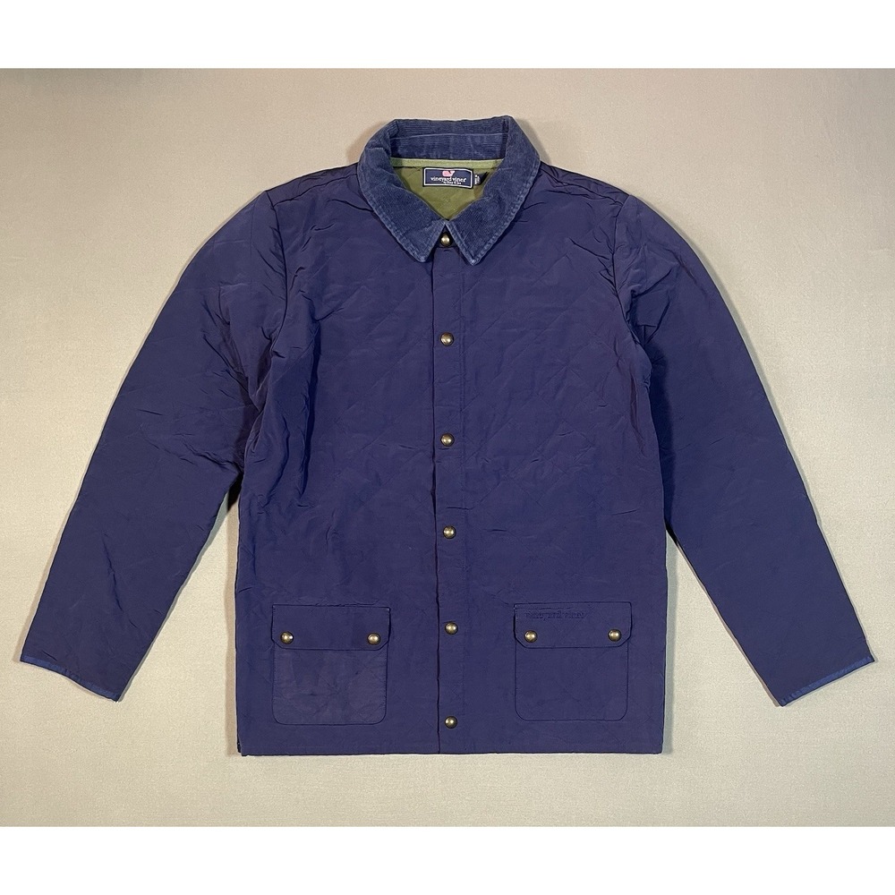 Vineyard Vines quilted barn jacket featuring a blue color and a corduroy collar
